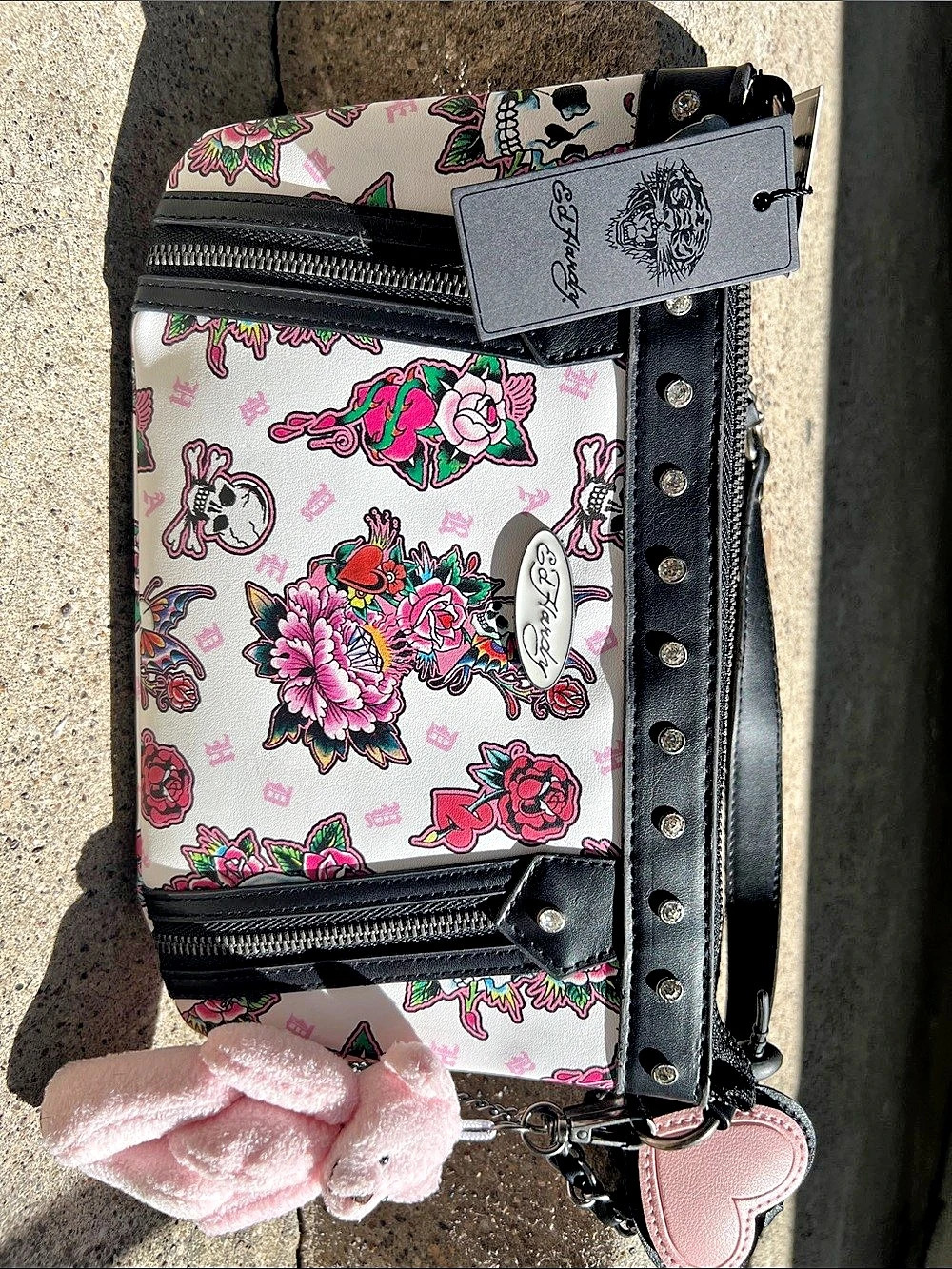 Ed Hardy White Floral Tattoo-Print Crossbody Bag Pink & Black